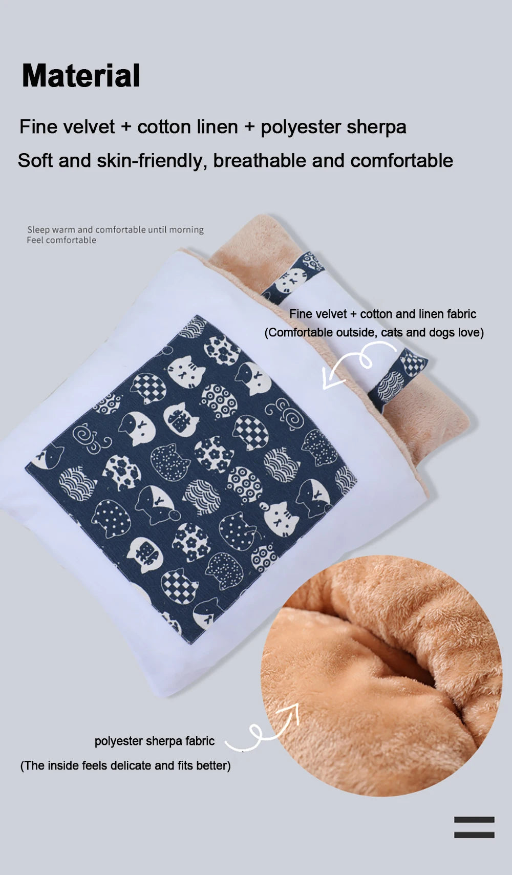Pet sleeping bag material: velvet, cotton linen and sherpa