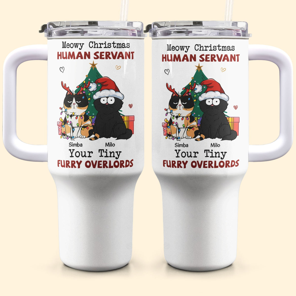 Personalized Meowy Christmas Tumblers with cat design, stainless steel, 40oz, perfect cat lover gift