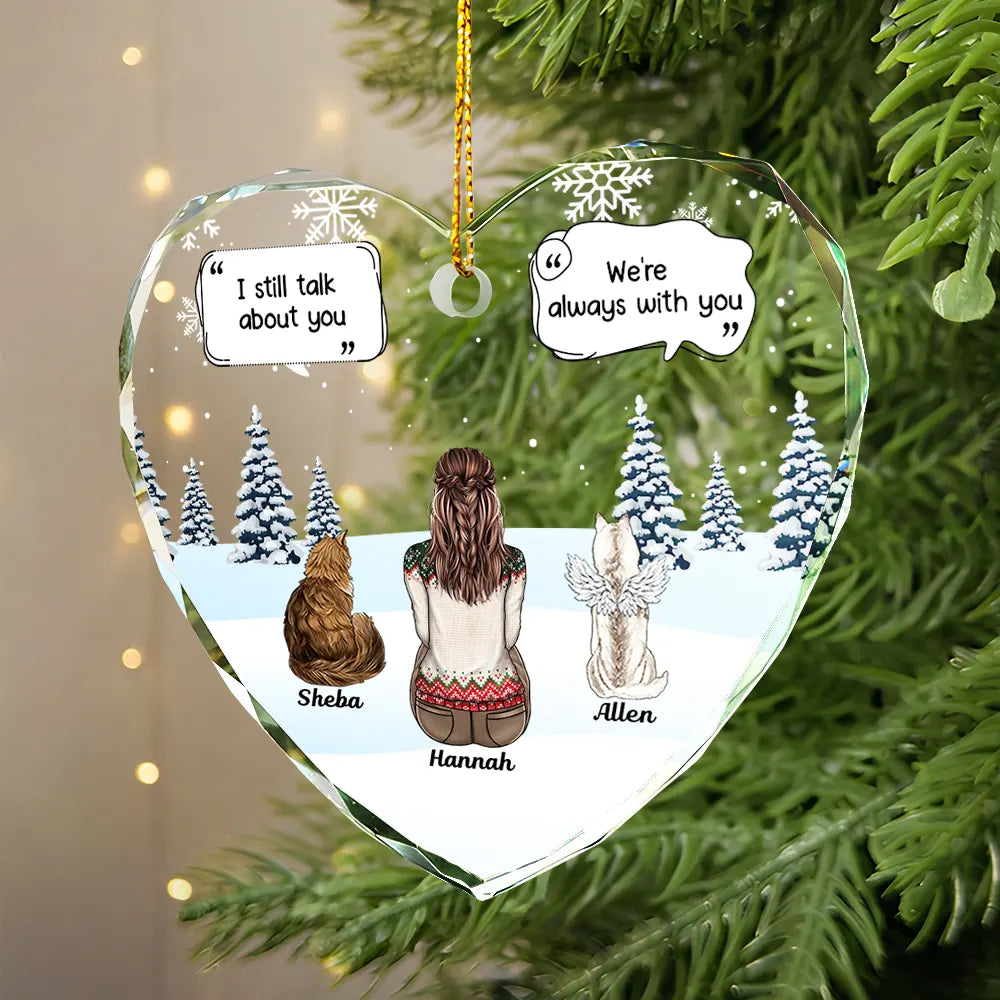 Personalized I Miss You pet memorial glass ornament with custom design, displayed on Christmas tree.